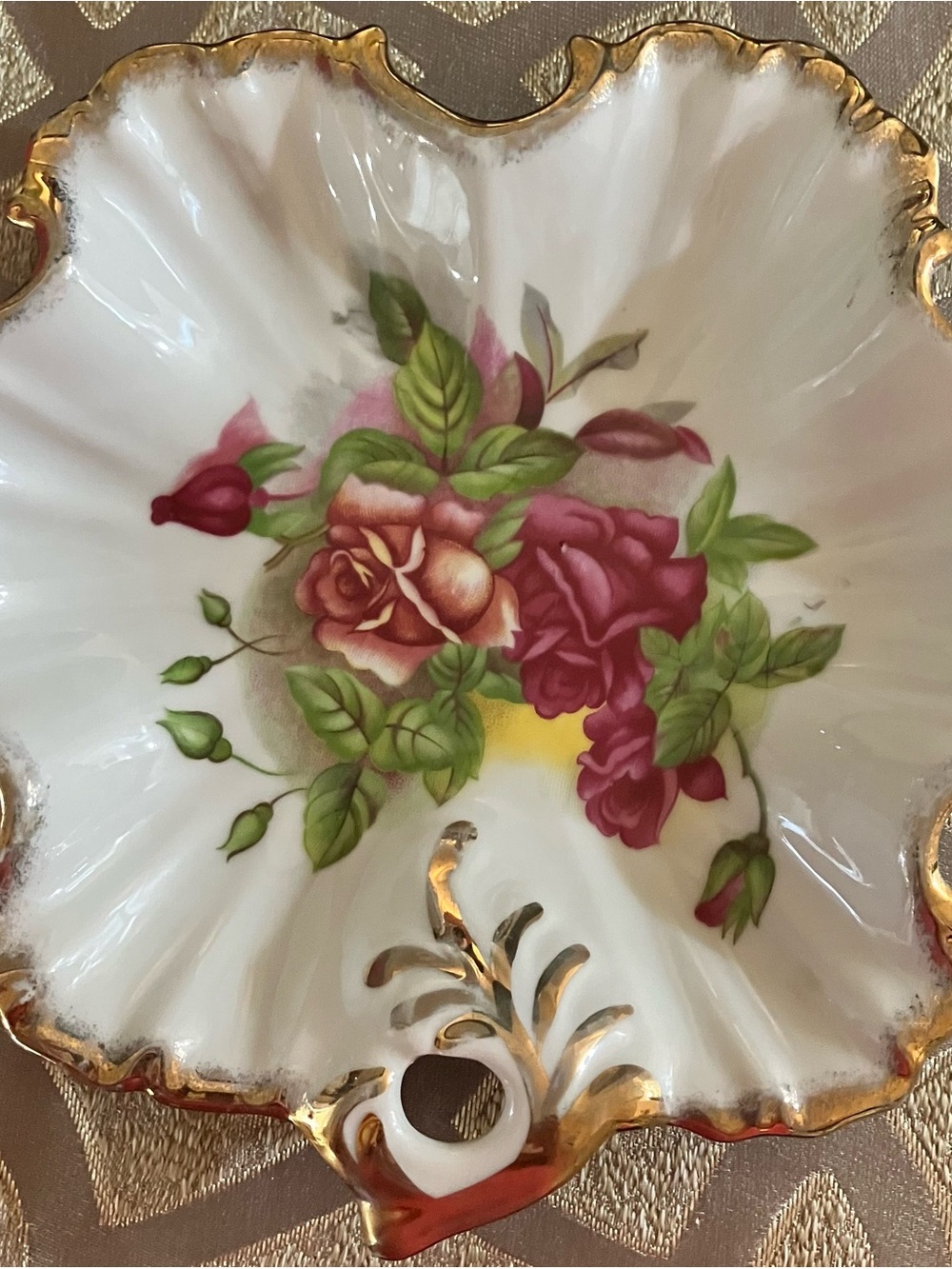 Vintage Japanese ruffled trinket dish with a rose motif and gold gilded edges